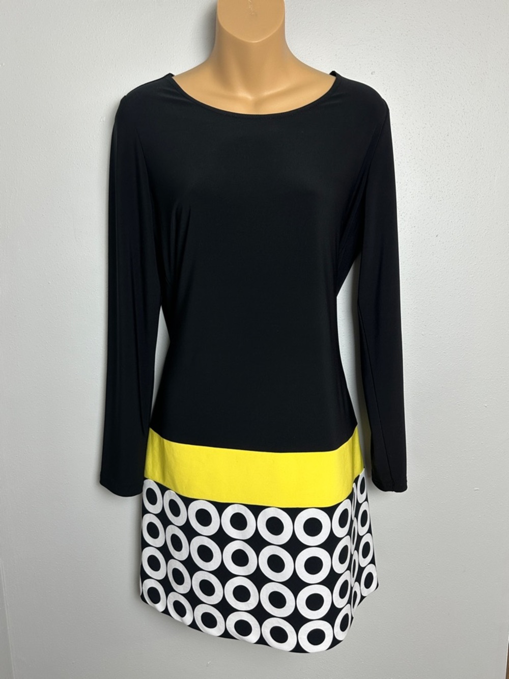 Joseph Ribkoff Black and Yellow Long Sleeve Shift Dress with Graphic Hem
